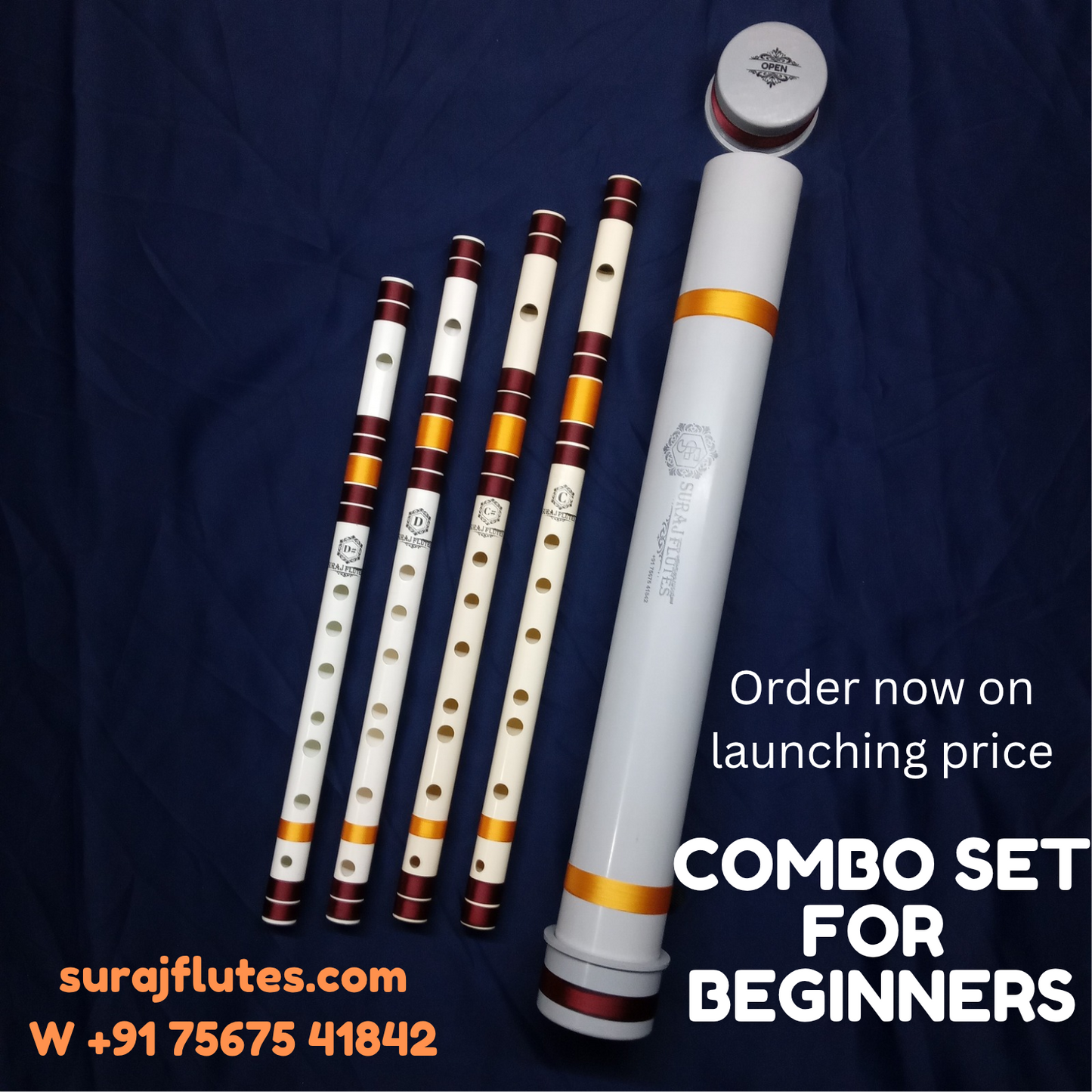 Combo Set for Beginners - D Sharp, D, C sharp, C middle (4Flutes with 1 Hard PVC Carry Case) - SURAJ FLUTES